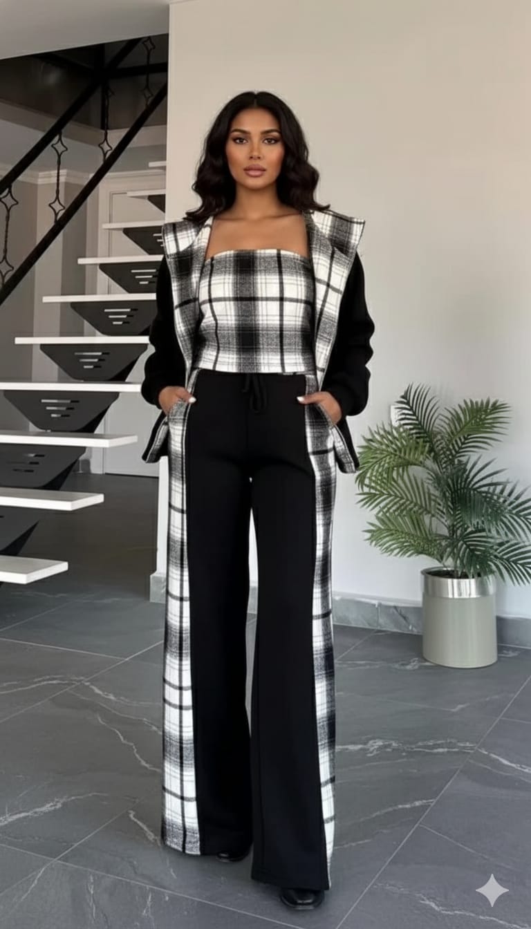 Trendy Black & White Checkered 3-Piece Co-Ord Set for Women | Winter Casual & Streetwear Outfit | Jacket, Tube Top & Wide-Leg Pants Set