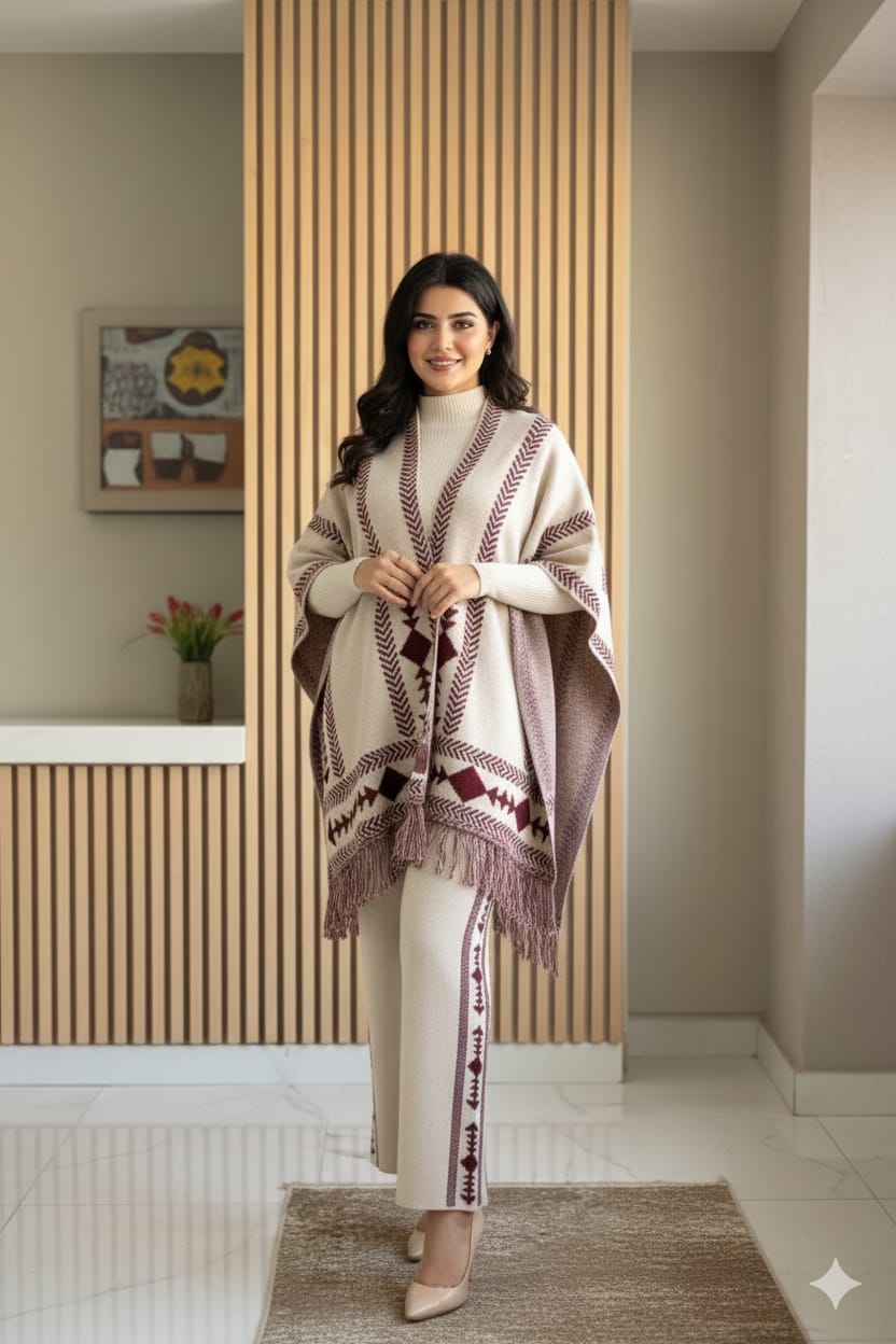 Premium Black & Grey Ethnic Knit Poncho Co-ord Set for Women | Winter Festive Wear | Stylish Comfort Outfit