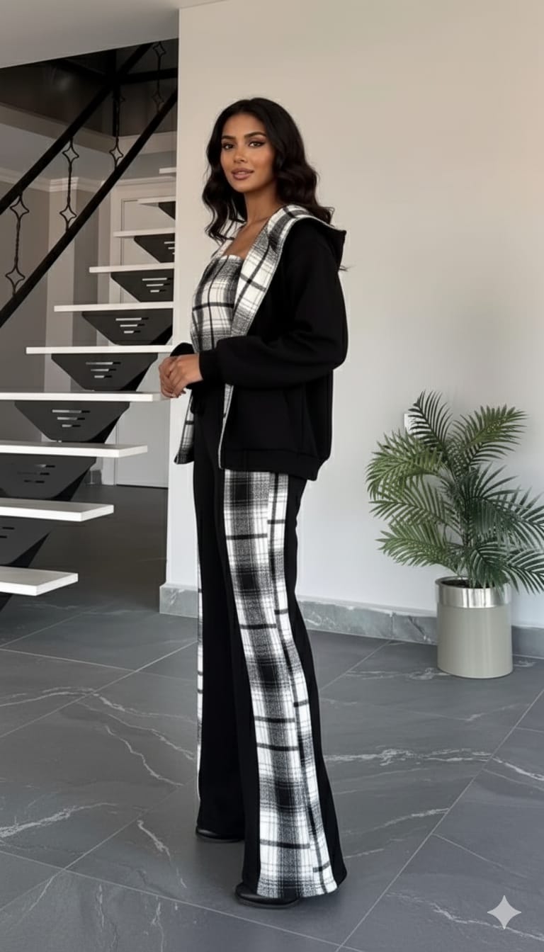 Trendy Black & White Checkered 3-Piece Co-Ord Set for Women | Winter Casual & Streetwear Outfit | Jacket, Tube Top & Wide-Leg Pants Set