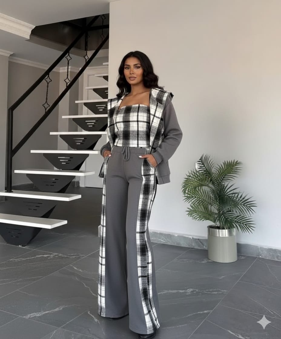 Trendy Black & White Checkered 3-Piece Co-Ord Set for Women | Winter Casual & Streetwear Outfit | Jacket, Tube Top & Wide-Leg Pants Set