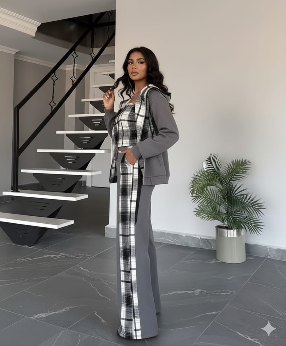 Trendy Black & White Checkered 3-Piece Co-Ord Set for Women | Winter Casual & Streetwear Outfit | Jacket, Tube Top & Wide-Leg Pants Set