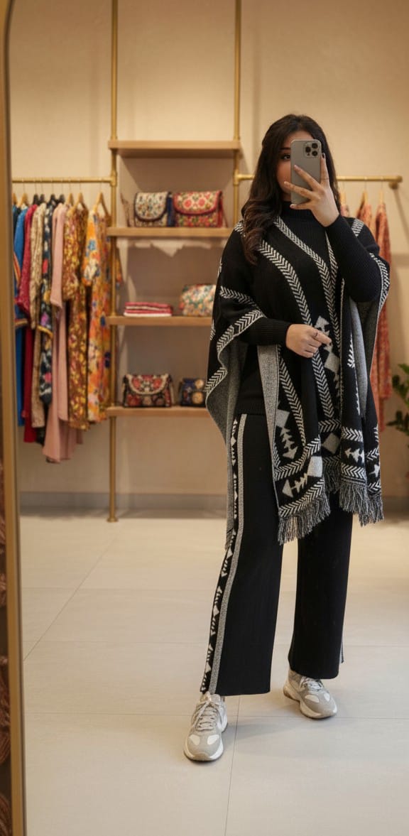 Premium Black & Grey Ethnic Knit Poncho Co-ord Set for Women | Winter Festive Wear | Stylish Comfort Outfit