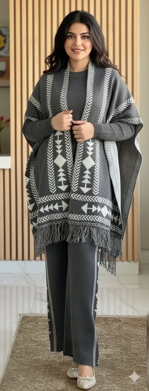 Premium Black & Grey Ethnic Knit Poncho Co-ord Set for Women | Winter Festive Wear | Stylish Comfort Outfit