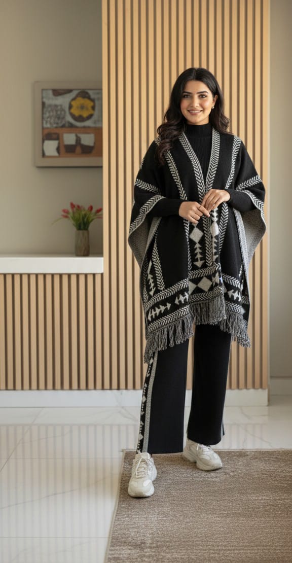 Premium Black & Grey Ethnic Knit Poncho Co-ord Set for Women | Winter Festive Wear | Stylish Comfort Outfit