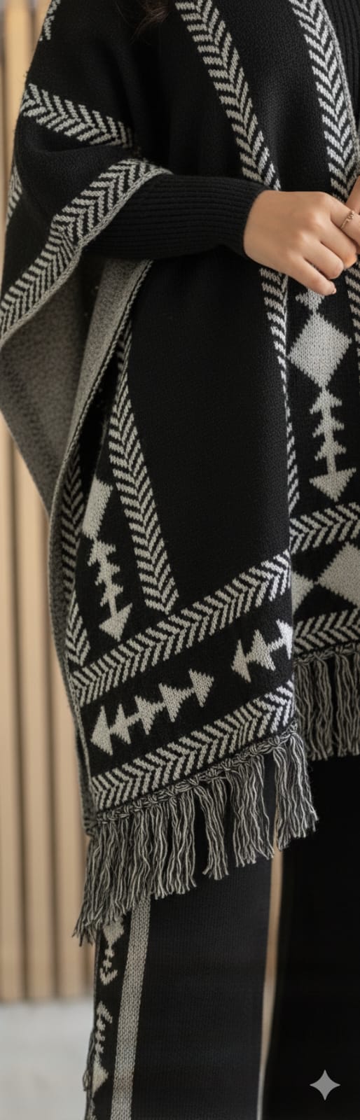 Premium Black & Grey Ethnic Knit Poncho Co-ord Set for Women | Winter Festive Wear | Stylish Comfort Outfit